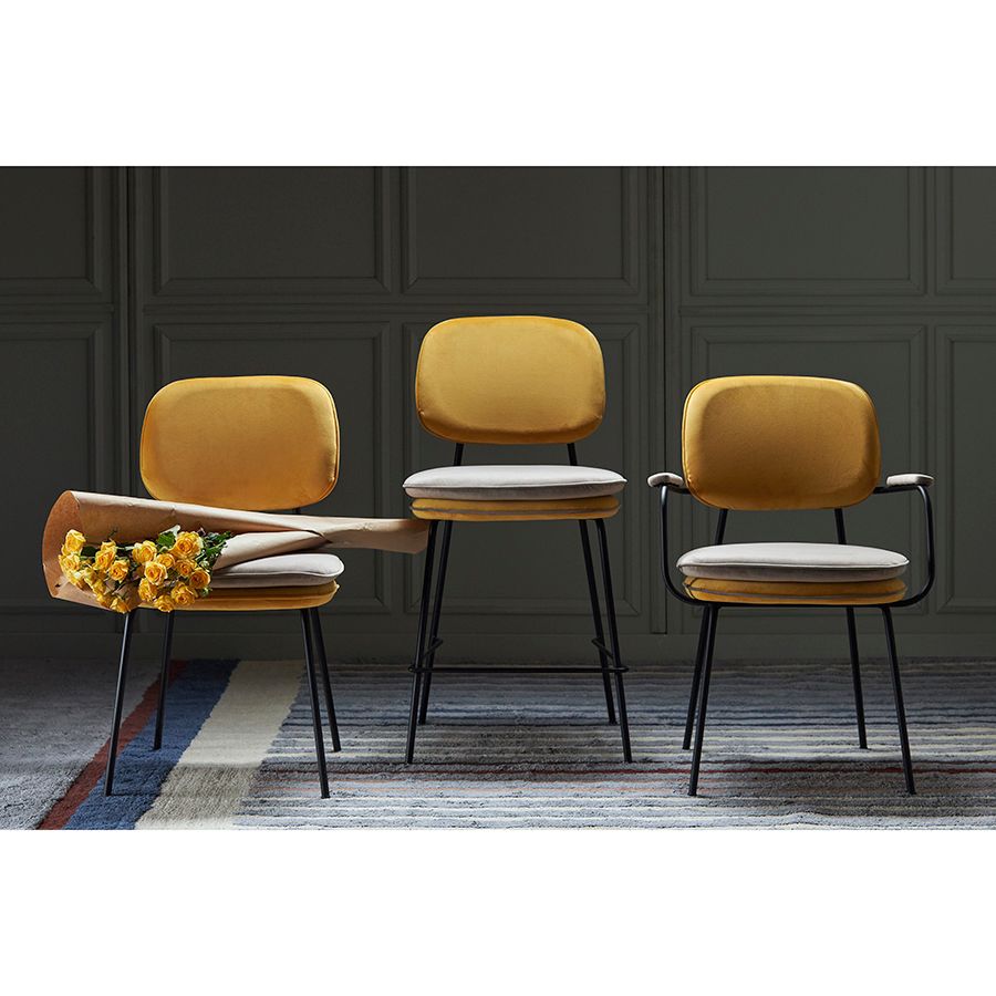 Стул с подлокотниками и контрастным кантом Пеа, велюр, желтый/бежевый | Replace