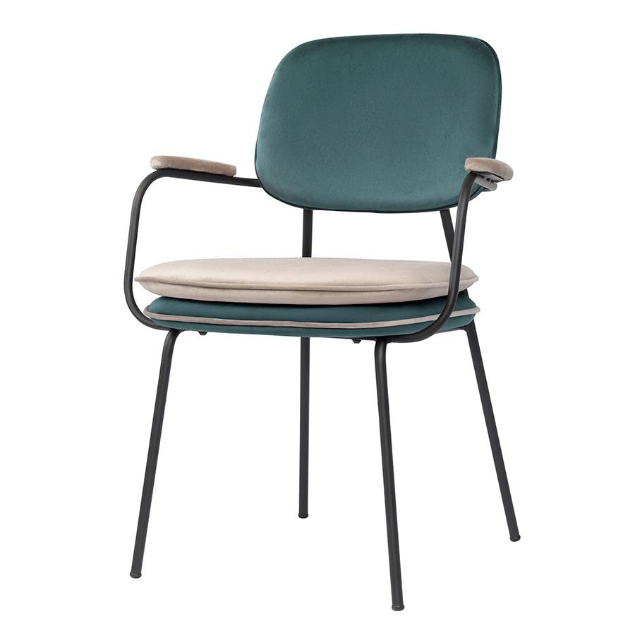 Стул с подлокотниками и контрастным кантом Пеа, велюр, сине-зеленый/бежевый | Replace